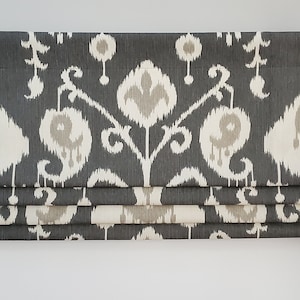 Bottom Pleated lined Valance (Faux Roman Shade Valance): Java Pewter, Gray and Ivory Splotchy Ikat - Custom Window Treatment