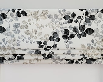 Bottom Pleated lined Valance (Faux Roman Shade Valance): Leaves Gray, Taupe and Black - Custom Window Treatment