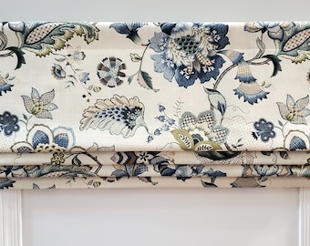 Bottom Pleated lined Valance (Faux Roman Shade Valance): P Kaufmann Ophelia Iris Blue  Linen Blend - Custom Window Treatment