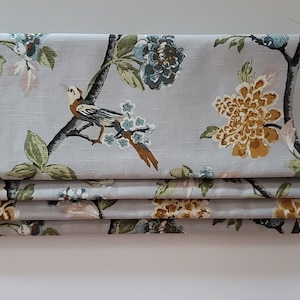 Bottom Pleated lined Valance (Faux Roman Shade Valance): Robert Allen Dwell Bird French Gray  - Custom Window Treatment