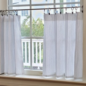 Cafe Curtain, Tier Curtains, Kitchen Curtains: Farmhouse Ticking Stripe Black, Grey, Navy