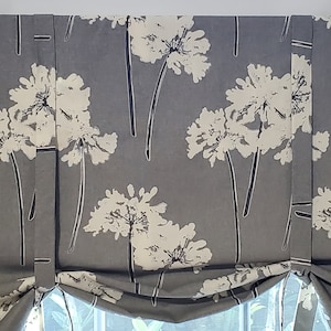 Tie Up Lined Valance/Shade/Kitchen Curtain: Fluffy Flowers Gray Storm Color - Custom Window Treatment