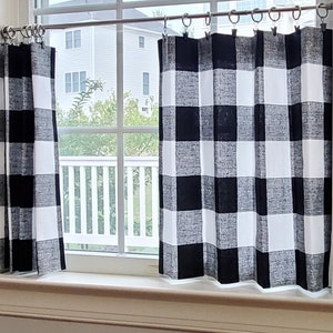 Cafe Curtain, Tier Curtains, Kitchen Curtains: Farmhouse Plaid/ Check Black, Grey, Sky Blue