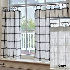 Cafe Curtain, Tier Curtains, Kitchen Curtains: Farmhouse Plaid Black or French Gray