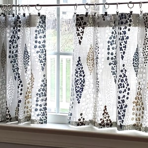 Cafe Curtains, Tier Curtains, Kitchen Curtains, Bathroom Curtains, Flat Valance - Diamond grey, blue, brown, beige, and white