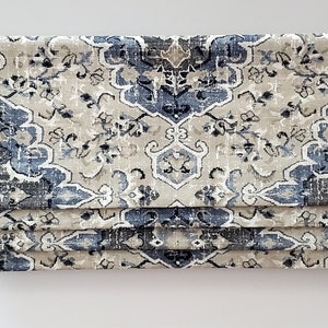Bottom Pleated lined Valance (Faux Roman Shade Valance): Covington Blue/Tan  Medallion - Custom Window Treatment
