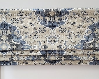 Bottom Pleated lined Valance (Faux Roman Shade Valance): Covington Blue/Tan  Medallion - Custom Window Treatment