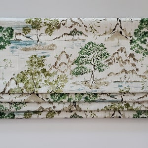 Bottom Pleated lined Valance (Faux Roman Shade Valance): Covington Green, Tan Nature Toile - Custom Window Treatment