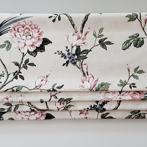 Bottom Pleated lined Valance (Faux Roman Shade Valance): Covington blush floral  on beige background - Custom Window Treatment