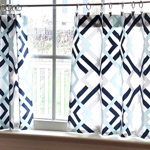 Cafe Curtain, Tier Curtains, Kitchen Curtains: Lattice Diamond Navy, Sky Blue, French Gray