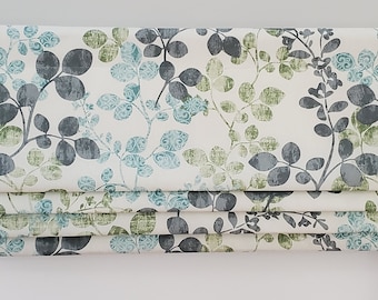 Bottom Pleated lined Valance (Faux Roman Shade Valance): Leaves Gray, Green and Blue - Custom Window Treatment