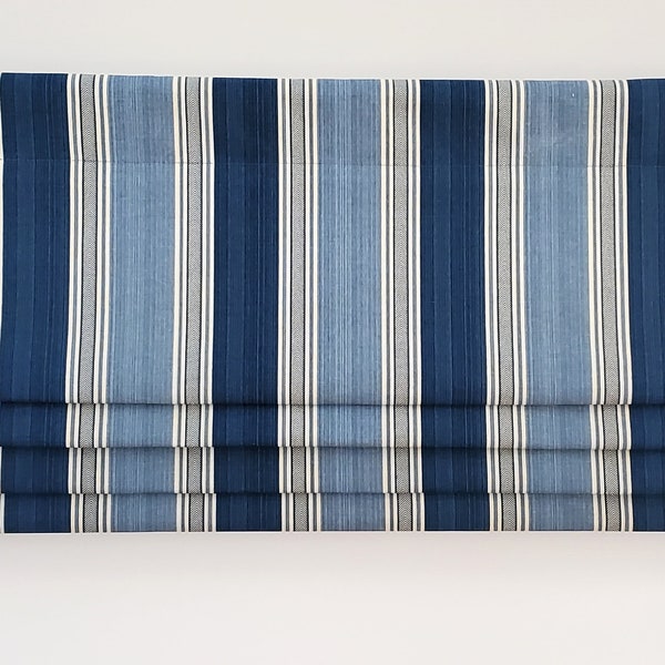 Bottom Pleated lined Valance (Faux Roman Shade Valance): Blue and Beige Vertical Stripe - Custom Window Treatment