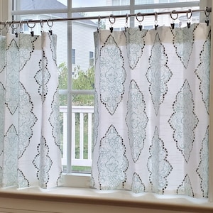 Cafe Curtain, Tier Curtains, Kitchen Curtains: Diamond Damask  Sky Blue and White