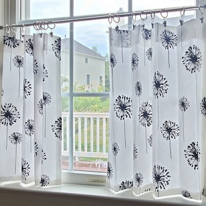 Cafe Curtain, Tier Curtains, Kitchen Curtains: Farmhouse Dandelion Black, Grey, Purple, Coral