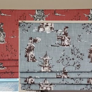 Bottom Pleated lined Valance (Faux Roman Shade Valance): Asian Toile 2 - Scarlet or Regal Blue - Custom Window Treatment