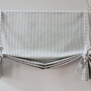 Tie Up Lined Valance/Shade/Kitchen Curtain: Vertical Ticking Stripe - Black, Navy, or Gray Pattern Colors - Custom Window Treatment