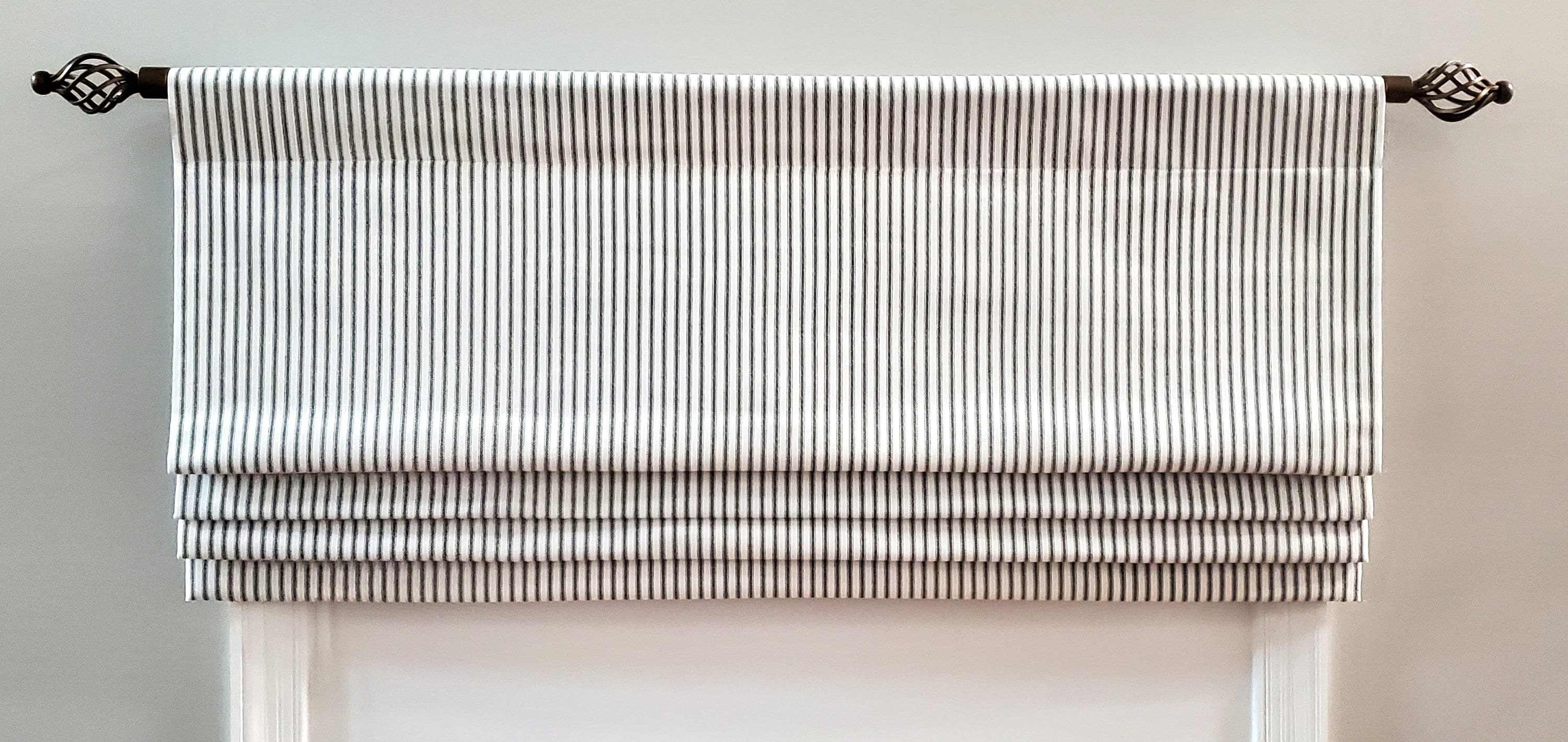 Bottom Pleated lined Valance (Faux Roman Shade Valance): Vertical Ticking Stripe-Navy, Gray, or Black Pattern Colors-Custom Window Treatment