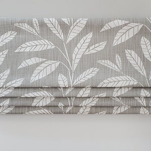 Bottom Pleated lined Valance (Faux Roman Shade Valance): French Gray Leaves on White Slub Canvas - Custom Window Treatment