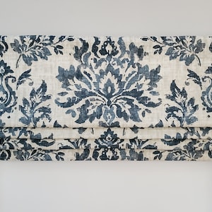 Bottom Pleated lined Valance (Faux Roman Shade Valance): Covington Vanessa Linen Blend Denim - Custom Window Treatment