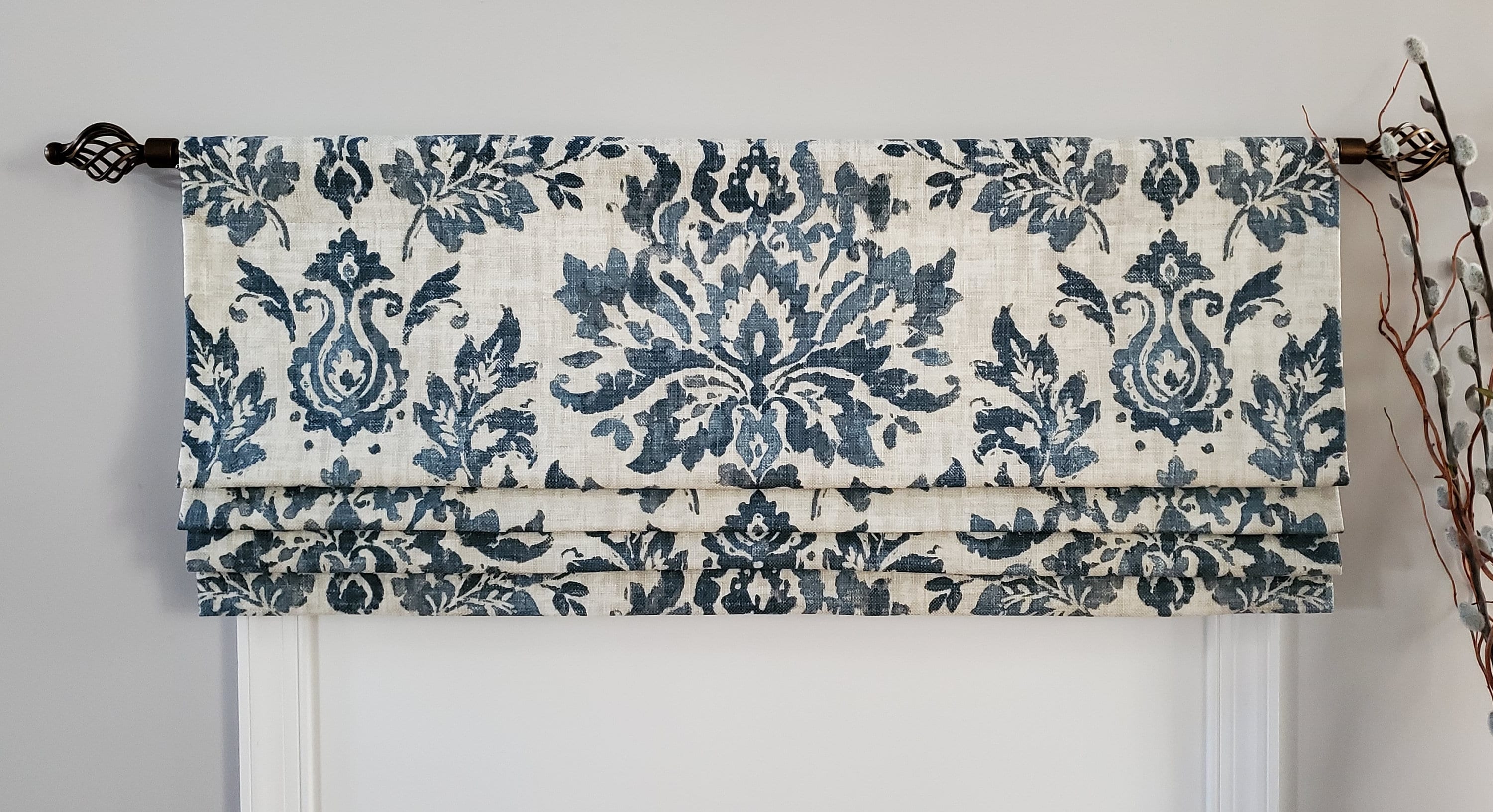 Bottom Pleated lined Valance (Faux Roman Shade Valance): Covington Vanessa Linen Blend Denim - Custom Window Treatment