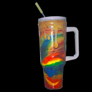 40oz Rainbow Tie-Dye Tumbler with Handle | Glitter Epoxy Cup | Custom Insulated Travel Mug | Colorful Stanley-Style Straw Tumbler image 3