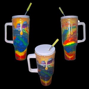 40oz Rainbow Tie-Dye Tumbler with Handle | Glitter Epoxy Cup | Custom Insulated Travel Mug | Colorful Stanley-Style Straw Tumbler image 1