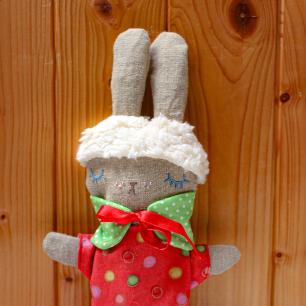 Doudou lapin en lin, popeline de coton et tissu pilou pilou