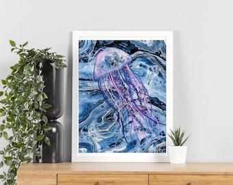 Abstract Jellyfish Art Print: Ocean-Inspired Blue Purple Fine Art