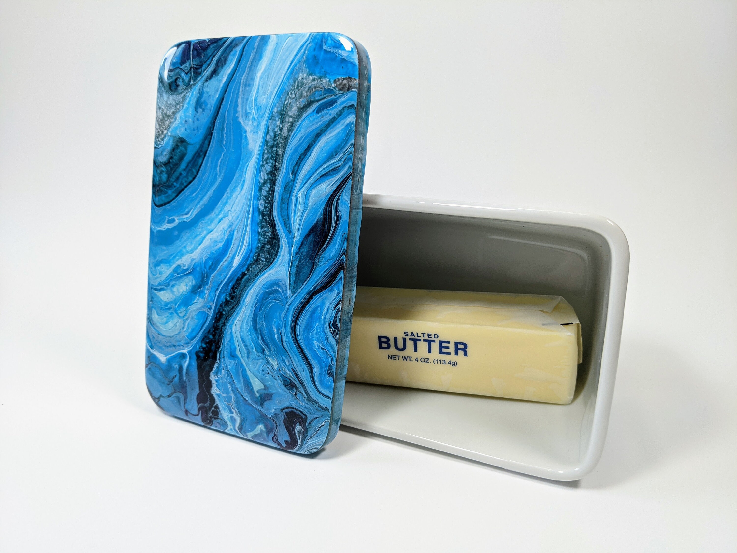 Butter dish with lid Teal white blue black ceramic Etsy