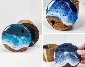 Hand-Painted Ocean Wood Box: Rustic Jewelry Keeper, Salt Cellar