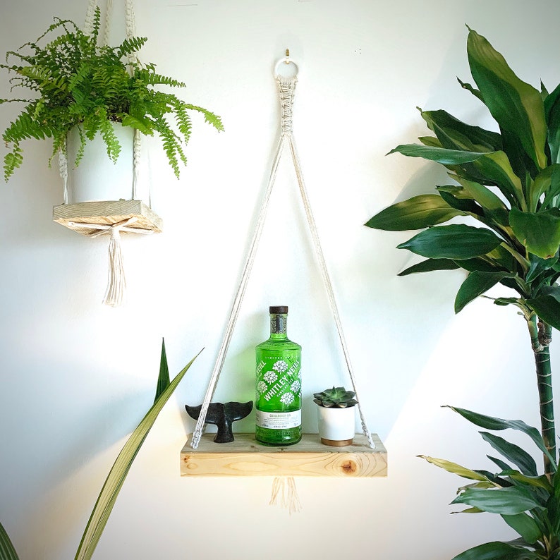 Floating macrame shelf Hanging wooden plant stand Macrame