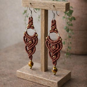 Boho Macrame Earrings with Tiger Eye Stone, Earthy Tribal Statement Jewelry