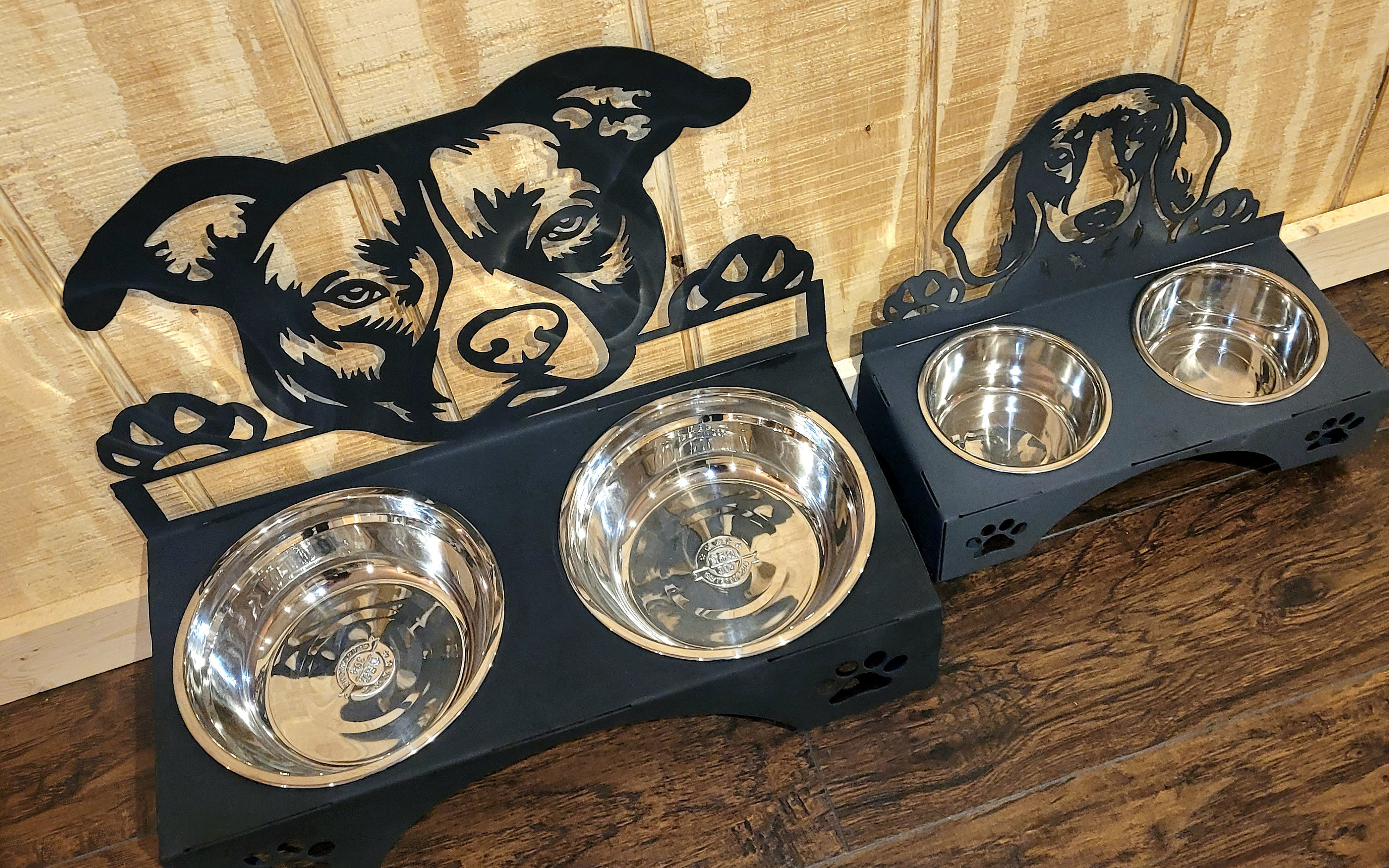 American Pitbull Terrier Elevated Dog Bowl Stand: Custom Metal Art