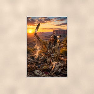 May include: A digital art print depicting a person in tan fringed clothing holding a feather upward near a smoking fire at sunset. A bison skull, a ceramic bowl, and a patterned circular object rest on the ground in a desert landscape.