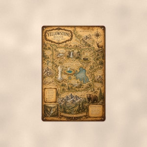 Vintage Yellowstone Map Metal Sign 8x12, Travel Wall Art, Wanderlust Gift, Library Office Decor, Study Room Decor, History Buff Gift