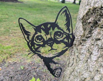 Metal Black Cat Yard Art: Peeking Kitten Decor