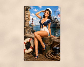 Sexy Pinup Girl Sailor Dock Metal Sign 8x12, Vintage Style Decor, Mancave Gift, Garage Wall Art, Man Cave Wall Decor, Home Bar Decor