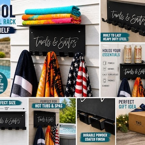 May include: Black metal pool towel rack and shelf with the text "Towels & Suites". The rack has a shelf for storage and hooks for hanging towels. The rack is 13 inches wide and 8 inches high. The rack is shown with colorful towels.