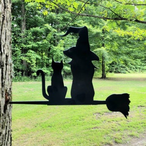 Halloween decoration, Witch and broom, black cat, tree stake, witchy decor, metal home decor, outdoor yard art, lawn ornament, fence decor