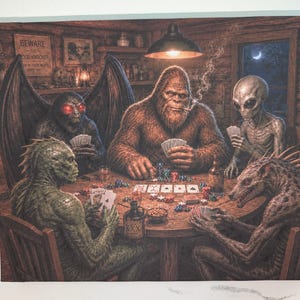 Alien Canvas Art, Cryptid Poker Night Canvas Print, Rustic Cabin Wall Decor, Bigfoot Lover Gift, Funny Man Cave Decor, Camping Lodge Decor