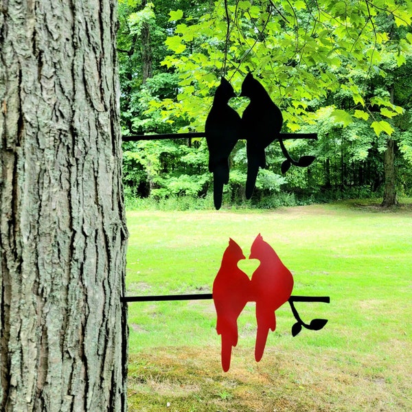 Cardinal pair, decorative tree garden stake, memorial gift for loss, love bird design with heart, fun metal yard art, bird lover gifts