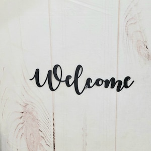 Welcome word art, simple welcome sign, front door hanger, metal wall art, script font wall hangings, metal script words, outdoor patio decor