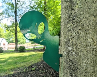 Alien Tree Peeker, Bracket Attachment Metal Yard Art, Little Green Man Outdoor Decor, UFO Believer Gift