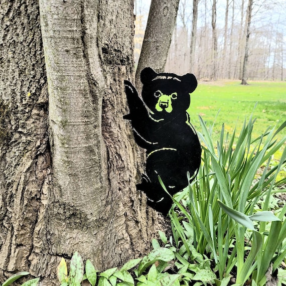 Bear Cub Tree Stake Bear Yard Decor Fun Yard Art Black Bear Etsy