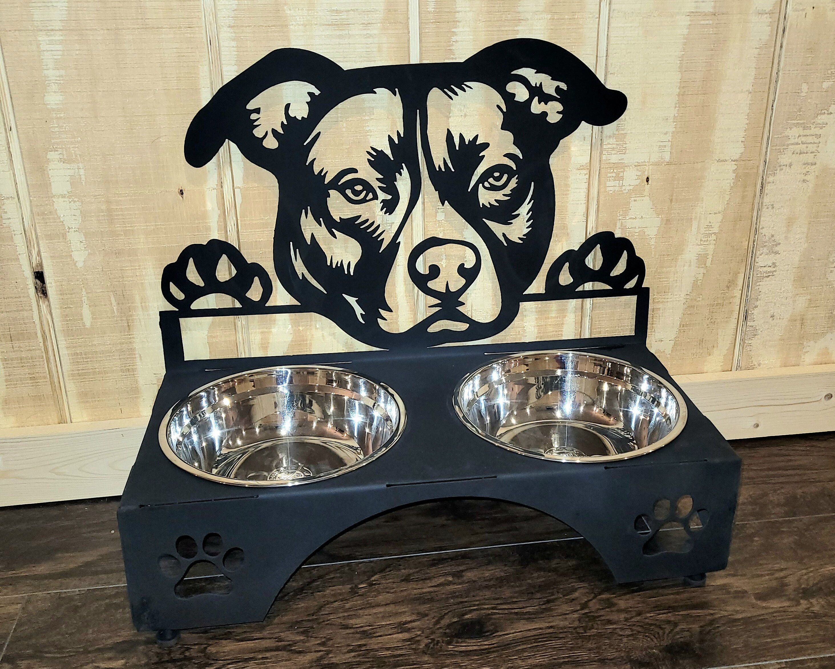 American Pitbull Terrier Elevated Dog Bowl Stand: Custom Metal Art