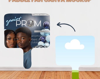 May include: A mockup of a paddle fan with a design for a senior prom. The design features a black and blue background with the text "senior promo" and "volume 2". There are two people in the image, a young woman and a young man, with the text "prom queen", "best dressed", and "cutest couple" below them.