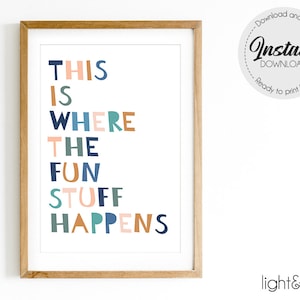This is where the fun stuff happens, all play all day, playroom poster, playroom print, kindergarten, nursery poster, classroom theme
