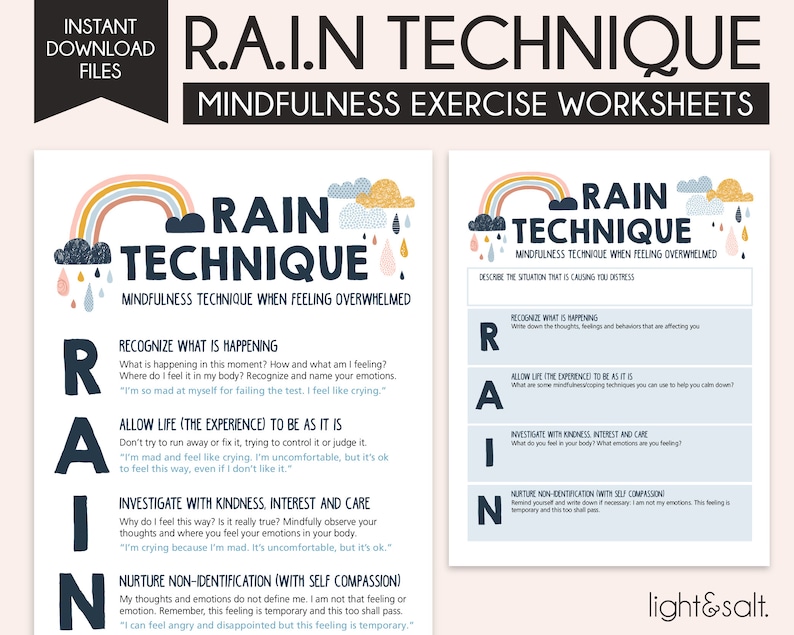 Peut inclure: Une feuille de travail imprimable avec une illustration color&eacute;e d'un arc-en-ciel et de nuages. La feuille de travail est intitul&eacute;e "Technique RAIN" et propose un exercice de pleine conscience pour g&eacute;rer les sentiments accablants. L'acronyme "RAIN" signifie Reconna&icirc;tre, Accepter, Examiner et Nourrir.
