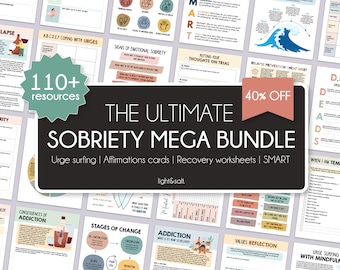 Sobriety mega bundle, 45% OFF, therapy resources, addiction recovery, worksheets, relapse prevention plan, urge surfing, sobriety worksheets