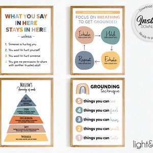 School Psychologist Set of 4 posters, Therapist Office decor, What you say in here, Grounding techniques, School Counselor office decor, CBT